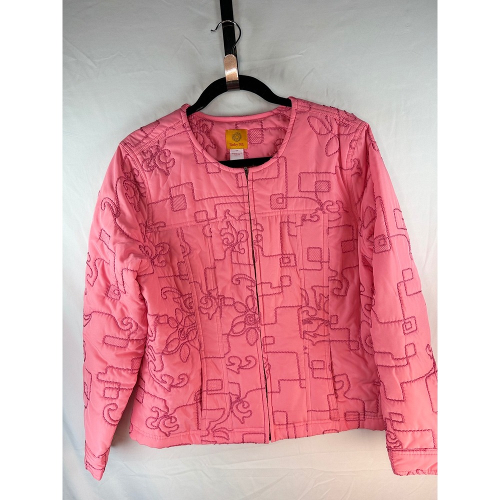 Ruby Rd Womens Pink Quilted Embroidered Full Zip‎ Lightweight Jacket Size 14